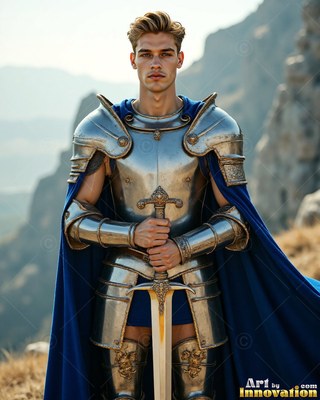 A young man wearing steel armor holds a sword hilt under bright daylight