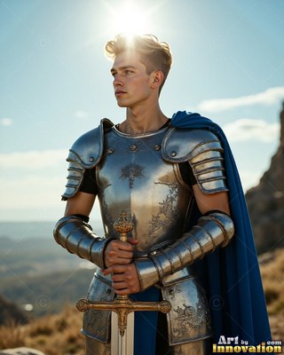 Standing on a sunny hill, a young man grasps a sword in a suit of silver armor with a blue cape