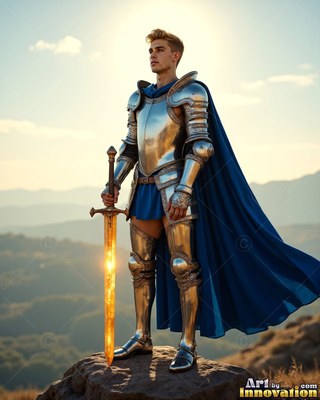 A young man dressed in armor of silver alongside a cape in blue holds a bright sword on a hill