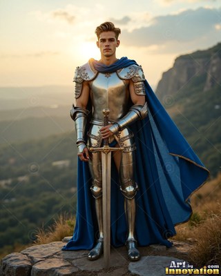 On a rocky cliff, a young man wearing silver armor grasps a sword in a cape colored blue