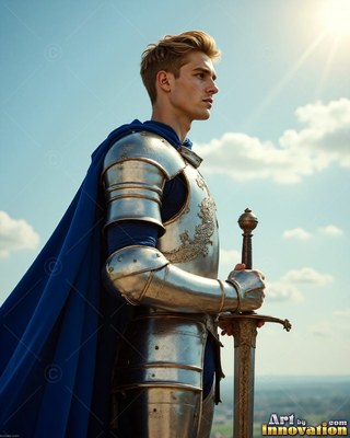 Holding a sword, a young blond-haired man dressed in steel armor stands under a blue sky