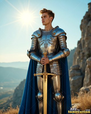 Young man dressed in steel armor rests both hands on a sword outdoors