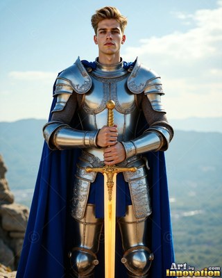 Polished steel plate armor covers a young man holding a gold sword on a bright mountain ridge