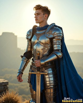 A steel-clad young man armor holds his sword outdoors under a pale hazy sky