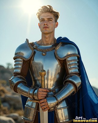 Standing upright outdoors, a young man in plate armor grasps a sword hilt