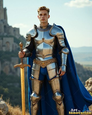A man with blond hair stands in silver plate armor and a bright cape colored blue, holding a sword by a castle
