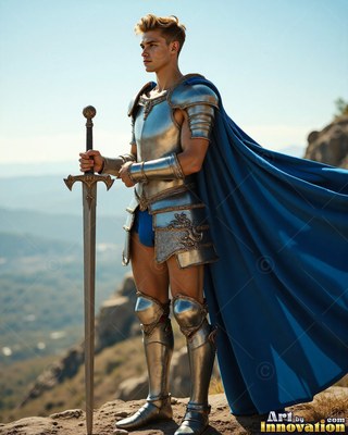 On a sunny hilltop, a young man covered in armor of silver has a sword in hand by his side