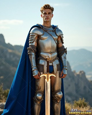 Standing on a ridge, a young man wearing armor of silver alongside a cape colored blue holds a sword