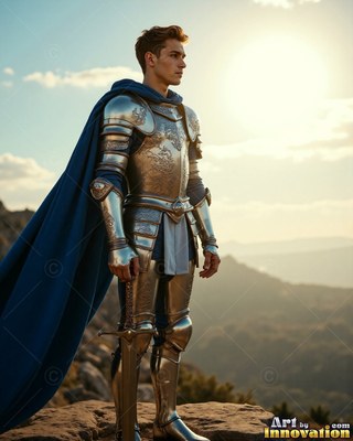 Young man standing in silver armor alongside a blue cape outdoors