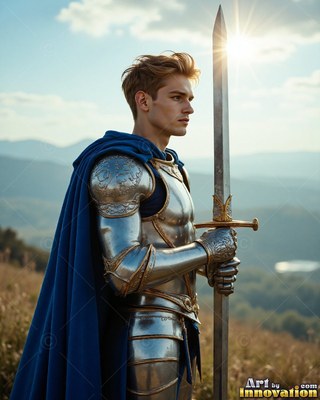 A cape in blue drapes the shoulder of a young man holding an upright sword on a sunny hillside