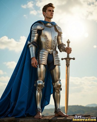 A young man wearing steel armor has a sword in hand under a bright sunny sky