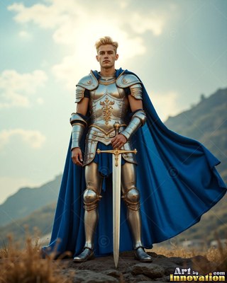 Standing upright on a rocky hill, a fair-haired man wears steel armor and a long cape colored blue