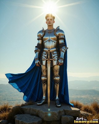 A steel-clad young man armor with a blue cape holds a sword under the bright sun