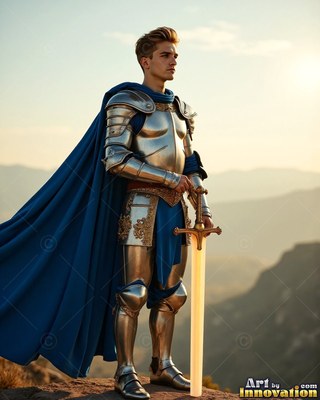 On a mountain ridge, a young man dressed in a suit of silver armor holds a bright sword