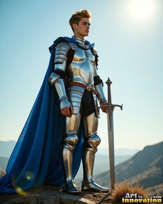 Standing on a hill, a yellow-haired man dressed in silver plate armor and a cape colored blue holds a sword
