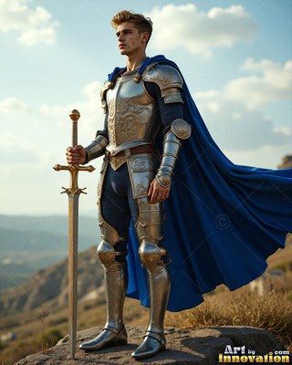 Young silver-clad man armor plus a blue cape grips a sword outdoors