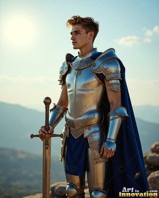 Polished armor of silver covers a young man holding a sword on a sunny hill