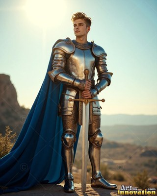 A young man dressed in steel armor leans on his sword under bright sunlight with a cape colored blue