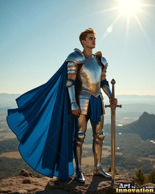 Standing tall on a sunny peak, a young man dressed in steel armor carries a sword