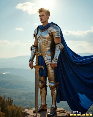 A fair-haired man dressed in silver-plated armor and a bright blue cape rests his hand on a sword