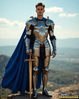 On a rocky hill, a steel-clad young man plate armor and a cape in blue grips a sword