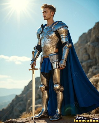 Resting his hand on a sword, a young man stands on a rocky hill in a suit of silver armor and a bright cape in blue