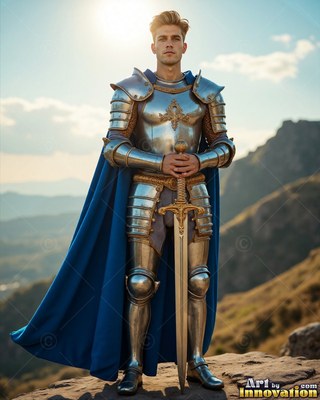 A young man covered in silver-plated armor with a cape in blue carries a sword