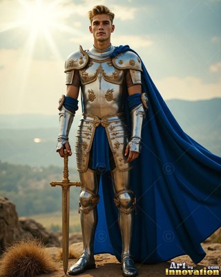 A cape colored blue drapes behind a young man with blond hair covered in silver plate armor holding a sword on a sunlit hillside