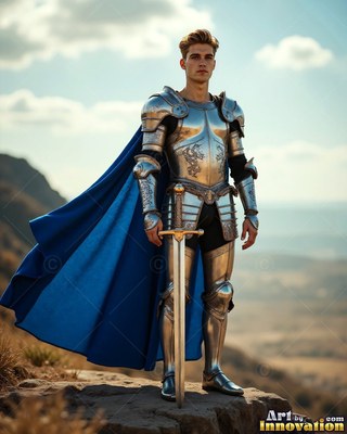 A young man dressed in steel armor rests on his sword in sunlight with a bright blue cape