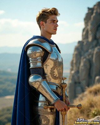 Standing in profile on a rocky hill, a young man wears silver plate armor plus a cape in blue