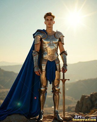 A young armor-clad man in steel grips a sword on a hill under the sun