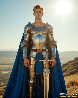 On a grassy hill, a young man stands in silver-plated armor and a bright cape colored blue