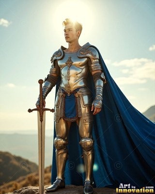 Resting his hand on a sword, an armor-clad man in steel stands outdoors in a cape in blue