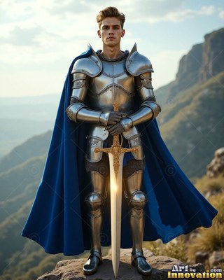 A young man wearing steel armor and a bright cape colored blue holds a sword