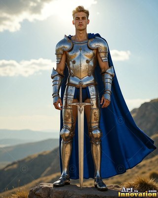A young blond armor-clad man in steel stands on a rocky hill in a blue cape