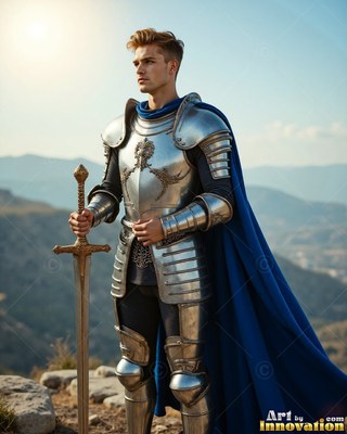 A young armor-clad man in steel grasps a sword on a hill under bright sunlight