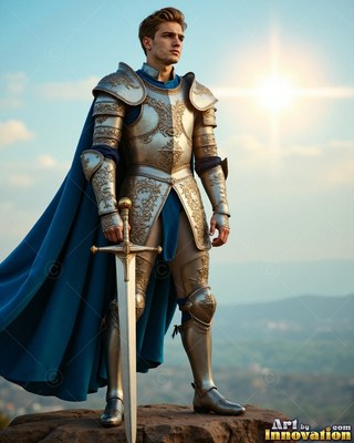 A fair-haired man in a suit of silver armor stands on a cliff holding a sword with a cape in blue