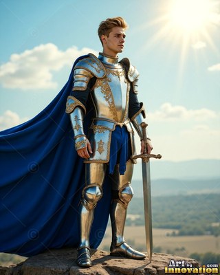On a sunny hilltop, a young blond man stands in silver armor with a cape colored blue