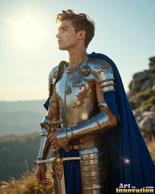 Standing on a hill in sunlight, a young man wears steel armor with a blue cape