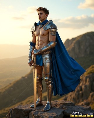 A young man in armor with a cape in blue grips a sword on a cliff