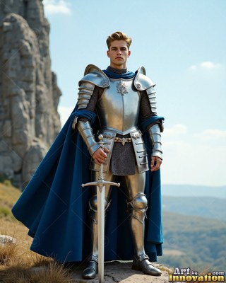 Dressed in steel plate armor with a blue cape, a blond man stands on a rocky hill with his sword
