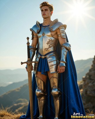 A young silver-clad man armor stands on a hill with a sword under bright sunlight