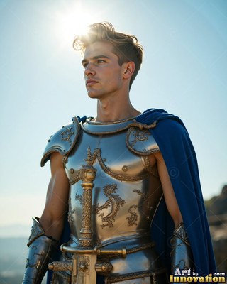 Facing sideways under bright sun, a young man wears steel armor with a cape in blue