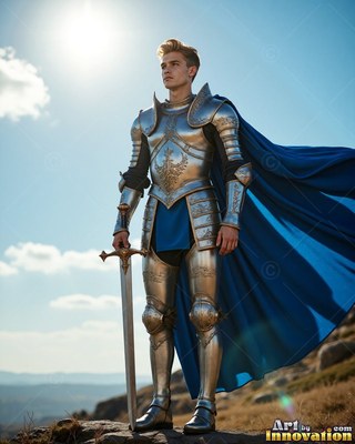 A man with blond hair in a suit of silver armor alongside a cape in blue stands on a hill with a sword