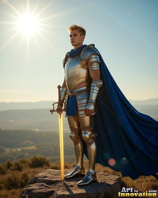 On a sunlit hill, a man wearing silver armor and a cape colored blue holds a sword
