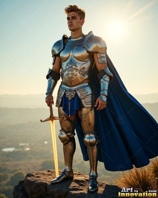 Holding a golden sword, a young man dressed in armor of silver plus a cape in blue stands on a rocky hill