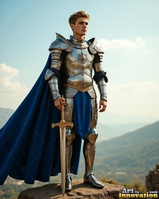 Young man dressed in steel armor and cape colored blue rests on a sword outside
