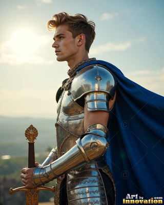 Wearing a long cape colored blue on a sunlit hill, a young man wearing steel armor holds his sword