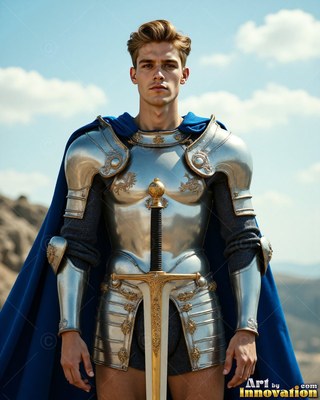 A young man stands in steel plate armor with a sword under the bright daylight sky