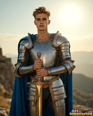 Standing on a sunny hilltop, a young man holds a sword in plate armor